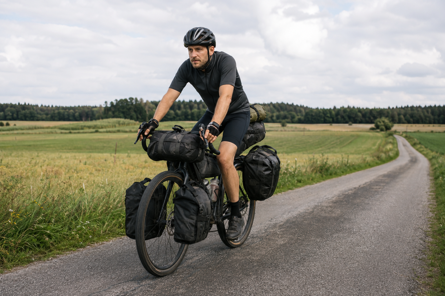 Ein voll beladener Bikepacker mit zahlreichen Taschen am Fahrrad